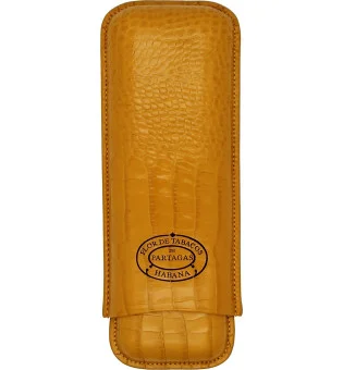 Partagas sigarenetui van leer, mosterdkleurig, voor 2 sigaren